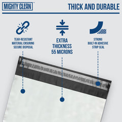 Mighty Clean odor-seal-closure highlights discreet disposal and odor control.