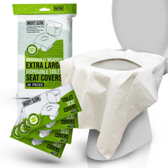 Mighty Clean XL toilet seat covers, individually wrapped in a portable 20-count package.