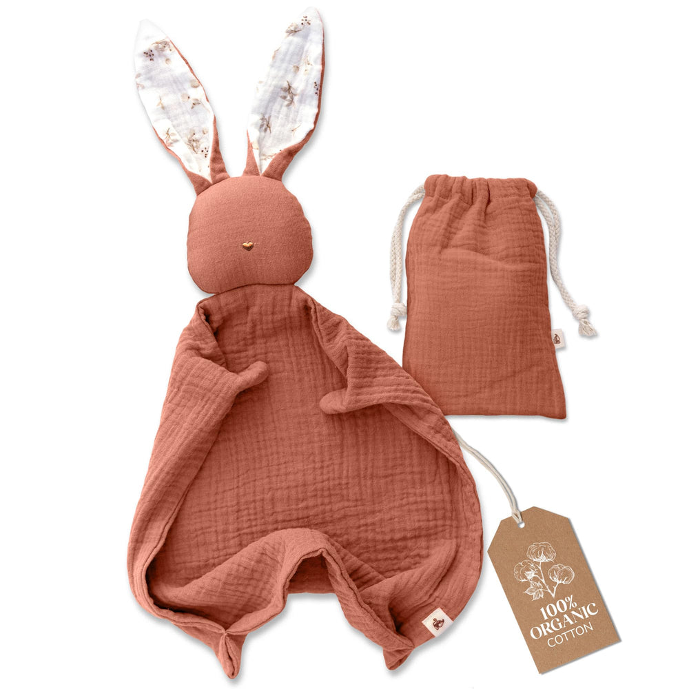 Mikito bunny lovey front view shows soft muslin for soothing sleep.