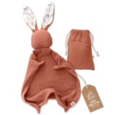 Mikito bunny lovey front view shows soft muslin for soothing sleep.