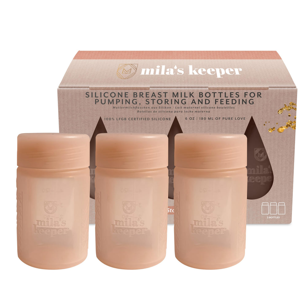 Mila's Keeper packaging shows 3-in-1 silicone bottles for mom on the go.