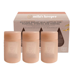 Mila's Keeper packaging shows 3-in-1 silicone bottles for mom on the go.
