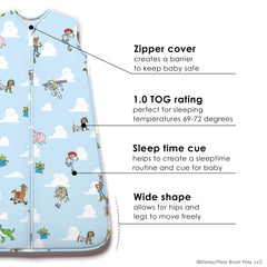 Milk Snob Disney sleeping sack worn by baby in crib offers secure comfort.
