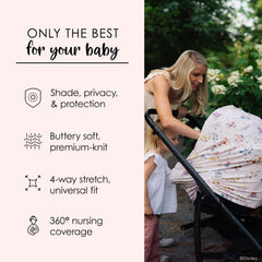 Milk Snob Disney stroller cover shields baby from sun and wind during walks.