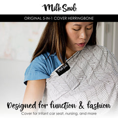 Milk Snob Original 5-in-1 cover provides privacy during breastfeeding in public spaces.