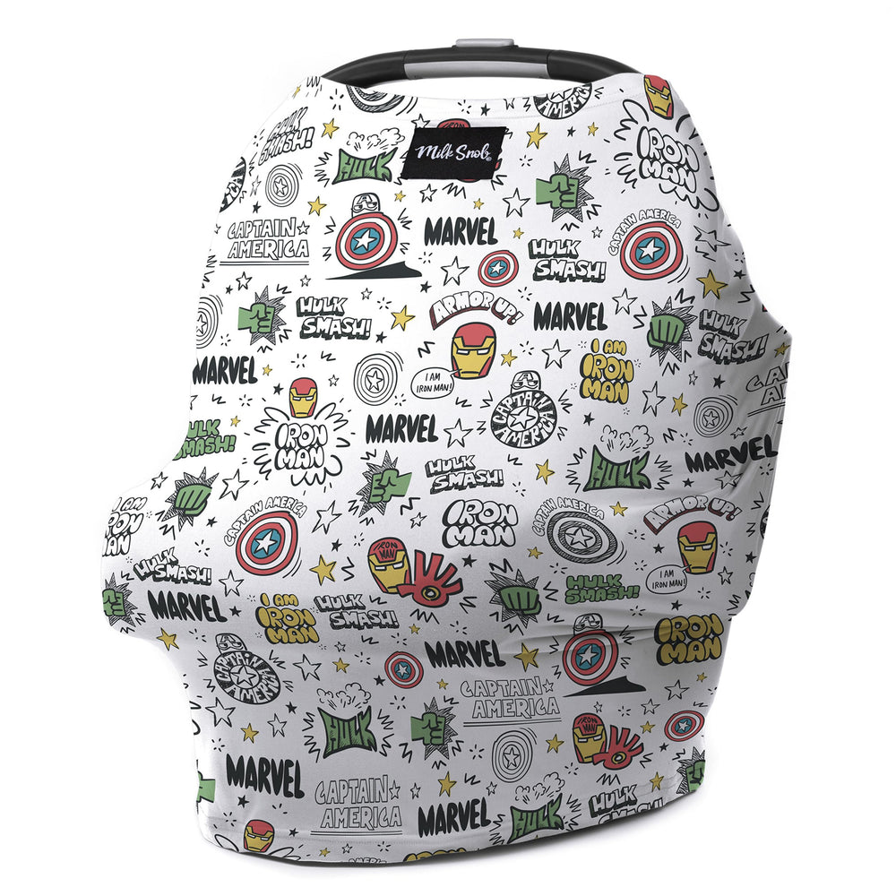 Milk Snob Original Marvel 5-in-1 cover, close-up, Disney Mighty Heroes print for privacy.