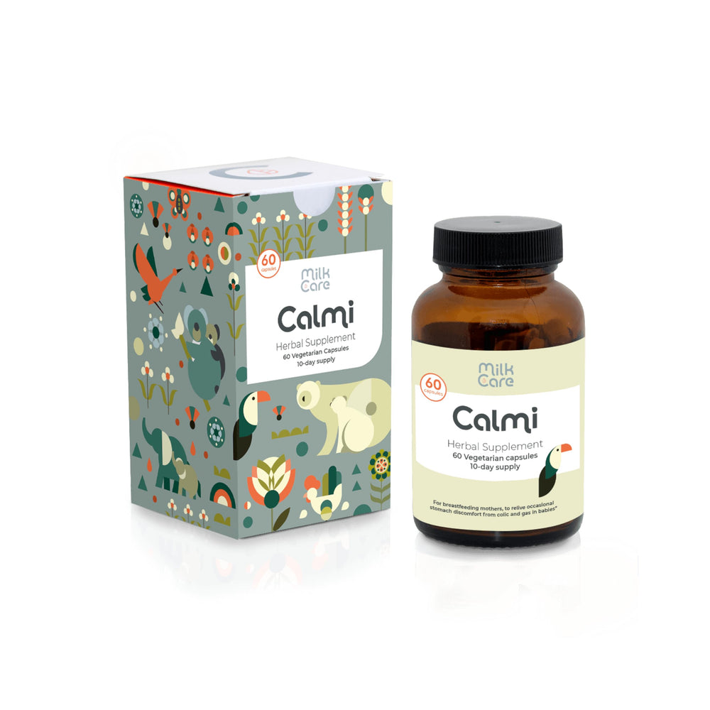 Milkcare Calmi bottle front, vegan capsules for breastfeeding moms seeking natural gas relief
