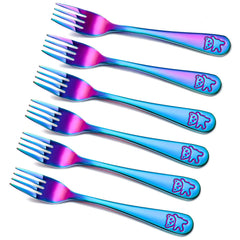 Minatee rainbow kids forks pack with vibrant colors to help toddlers pick up food easily.