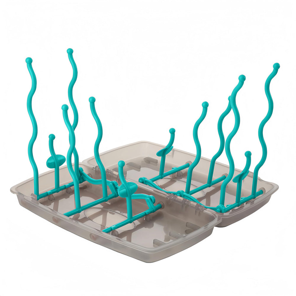 Minchsrin collapsible bottle drying rack blue folded, showcasing space-saving portability.