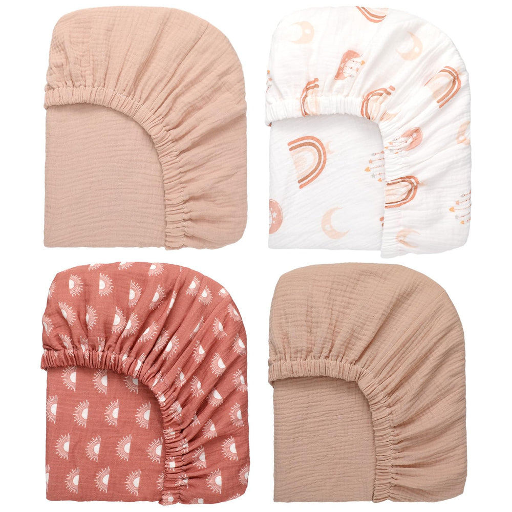 Mindsoft four-pack muslin crib sheets packaging shows soft cotton and neutral design
