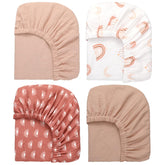 Mindsoft four-pack muslin crib sheets packaging shows soft cotton and neutral design