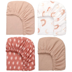 Mindsoft four-pack muslin crib sheets packaging shows soft cotton and neutral design