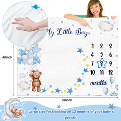 Mindsoft milestone blanket blue month-label emphasizes baby's age for organized, shareable photo albums.