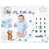 Mindsoft Sleeping Bear milestone blanket with star frame highlights monthly growth for keepsake photos.
