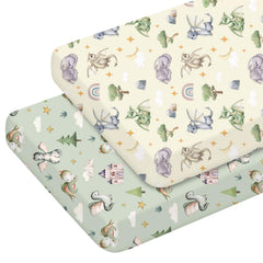 Mindsoft watercolor dragon crib sheet set front view showcases playful dragons for a cozy nursery.
