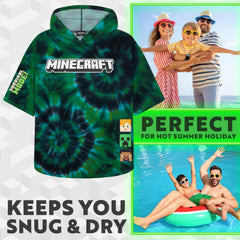 Minecraft towelling poncho back view with roomy hood for poolside play