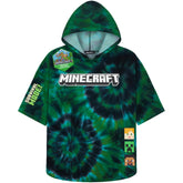 Minecraft towelling poncho front view shows tie-dye design for bath-time drying