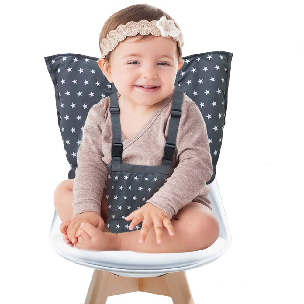 MINGRI portable high chair harness front-view image demonstrates quick-chair conversion for on-the-go feeding.