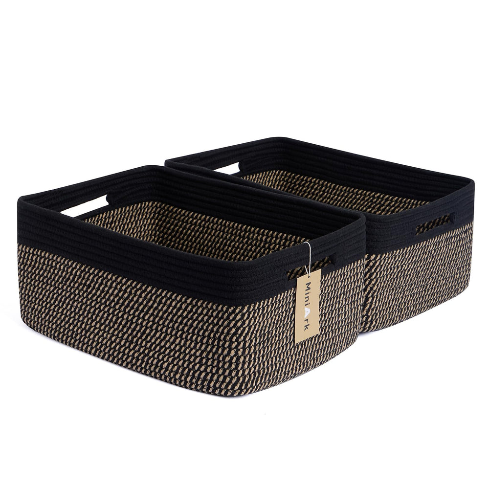 MiniArk large storage baskets on shelf for organized clothes and blankets.