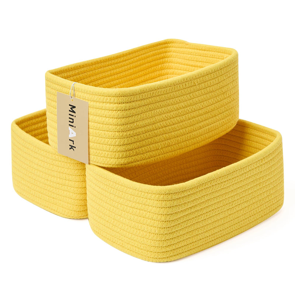 MiniArk small storage baskets on a shelf keeping cosmetics organized.