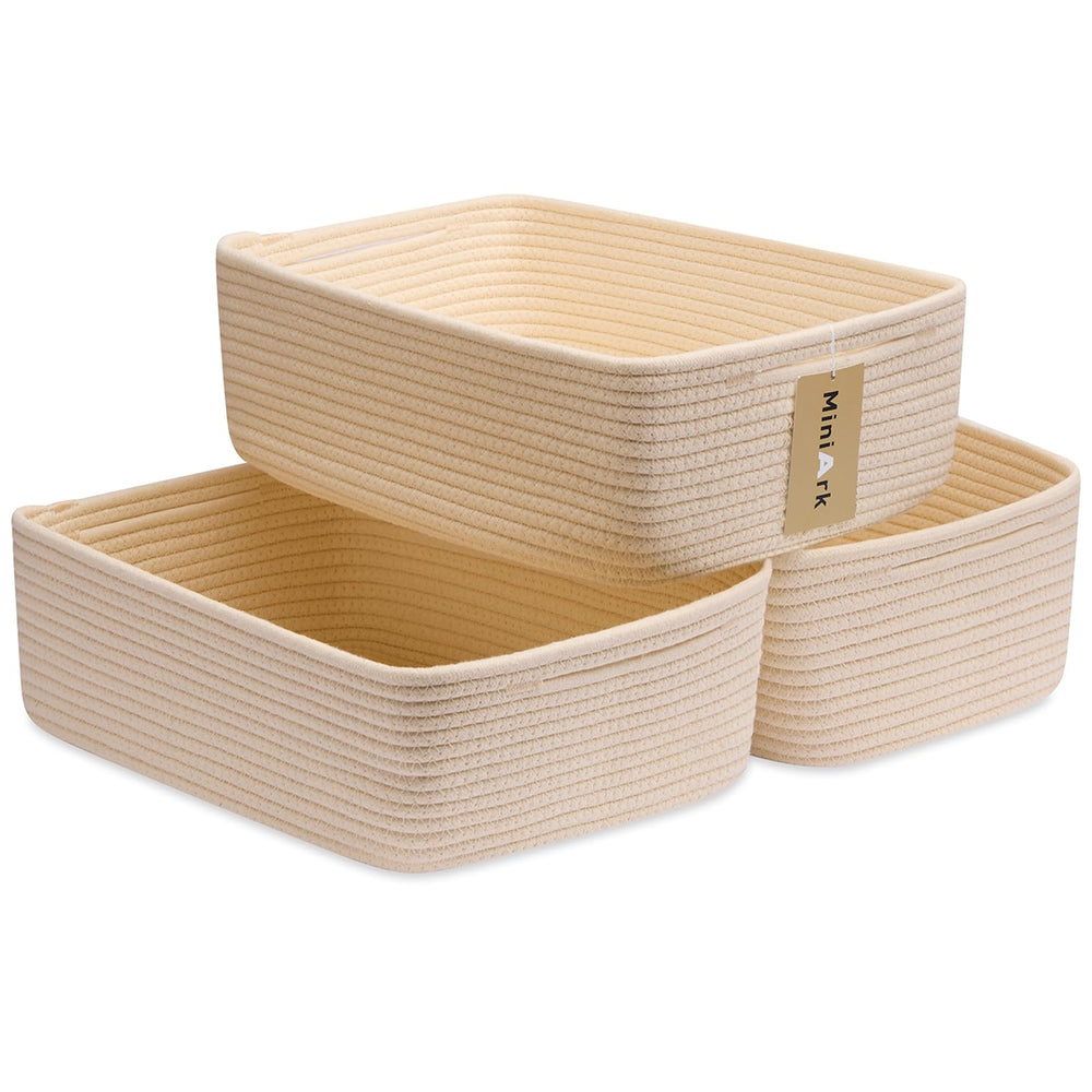 MiniArk large shallow rope-basket for towels, ideal bathroom storage and shelf organization.