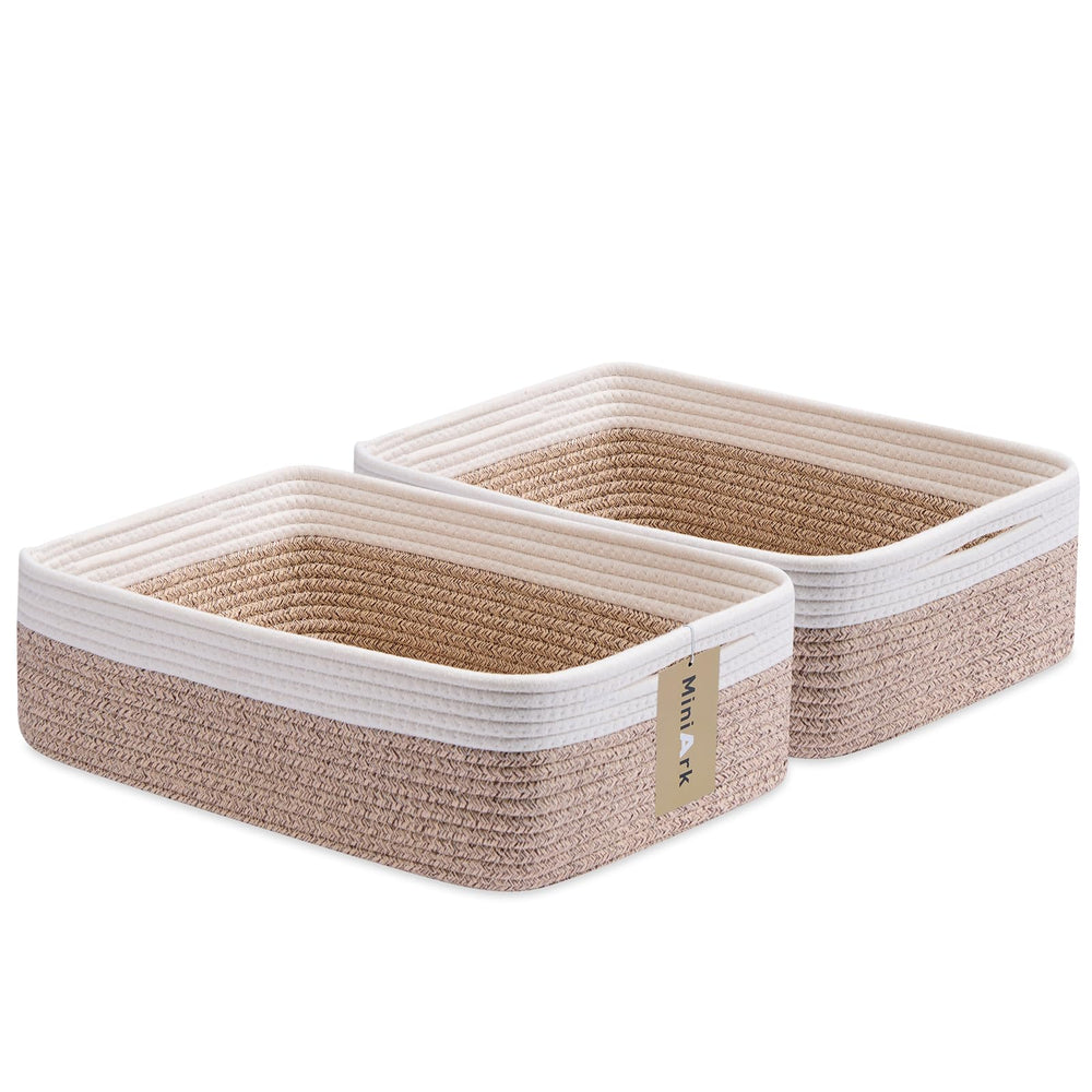 MiniArk large shallow basket bundle open, showing spacious interior for towels and blankets for easy organizing