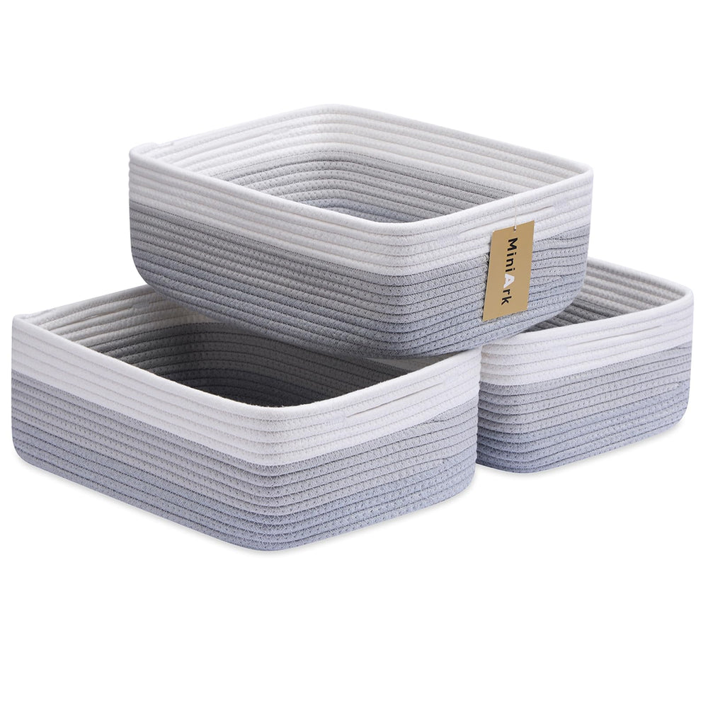 MiniArk large shallow baskets in grey, three-pack, for bathroom and shelf organization.