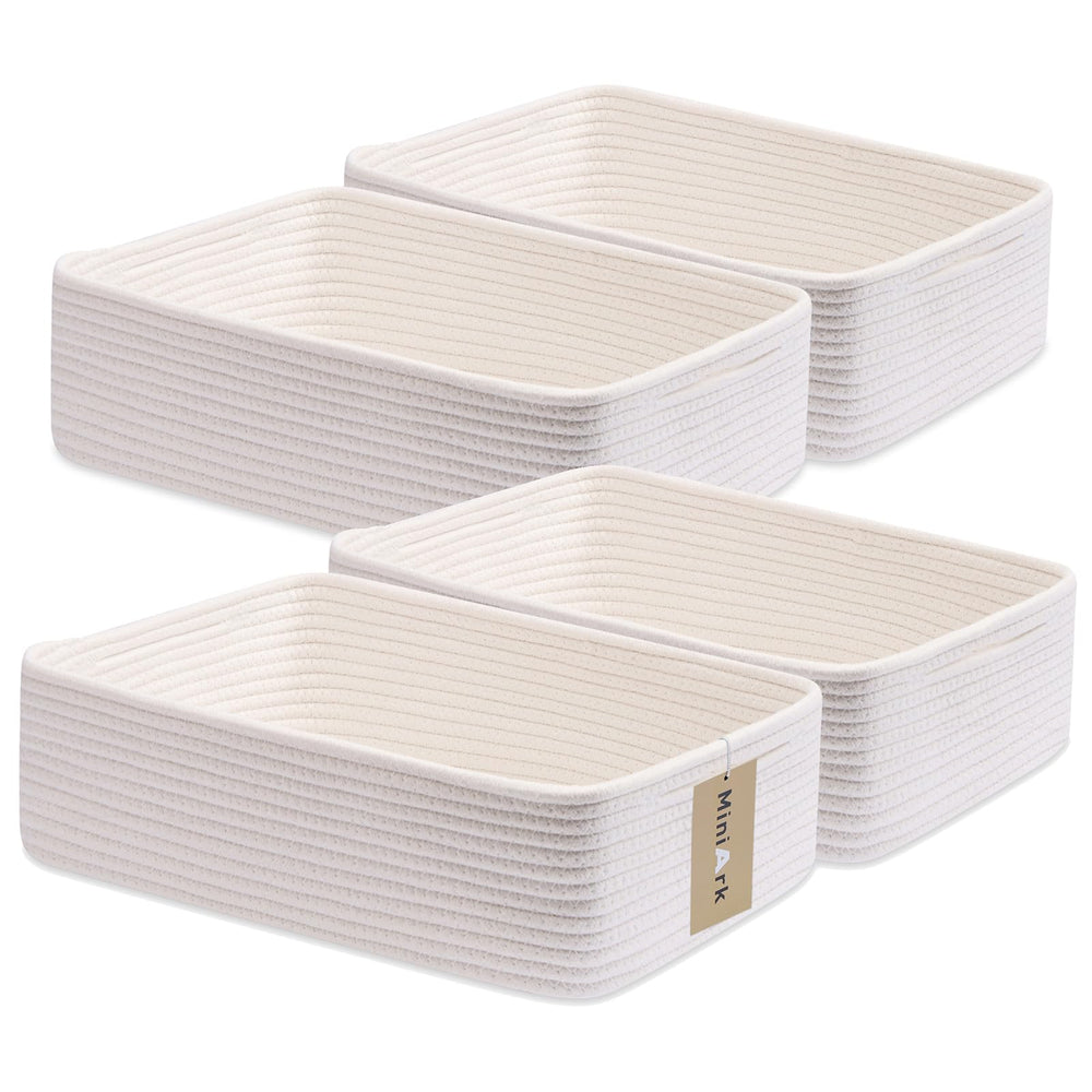 MiniArk large shallow basket storing towels for organized bathroom spaces.