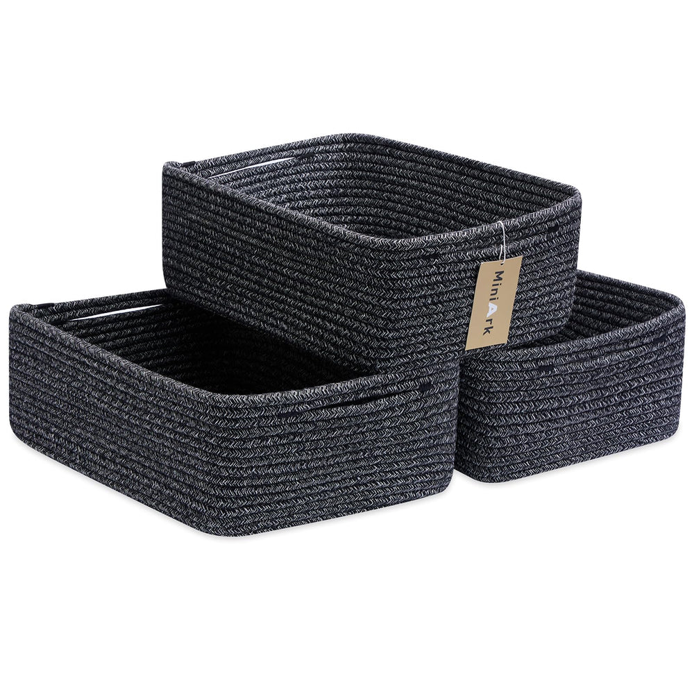 MiniArk large shallow baskets with towels provide organized bathroom storage.