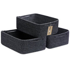 MiniArk large shallow baskets with towels provide organized bathroom storage.