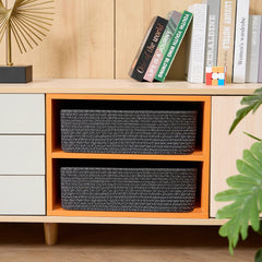 MiniArk large shallow baskets in a playroom hold toys for quick cleanup.