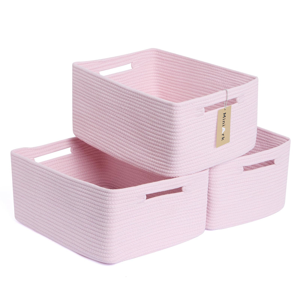 MiniArk Large Storage Baskets 3-pack in light pink, neatly shown for closet organization.