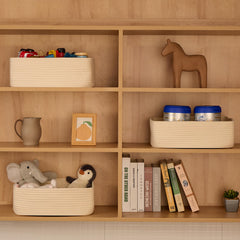 MiniArk rope woven bins on shelves add texture and practical storage.