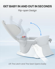 Minimiss bath seat flip-open latch enables easy one-handed entry.