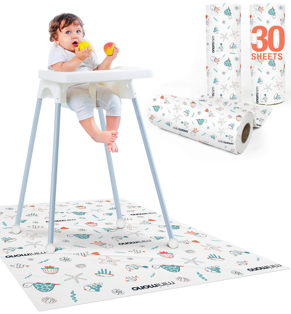 Minimono baby splat mat under high chair shields floors during messy mealtimes.