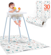 Minimono baby splat mat under high chair shields floors during messy mealtimes.