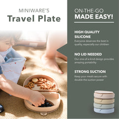 Miniware Silifold travel plate open with two compartments for self-feeding.