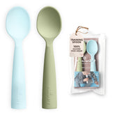 Miniware training spoons in aqua and pistachio with anti-slip design for mess-free feeding.