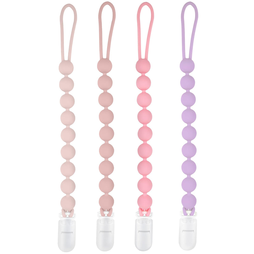 MINMUNJIU four-pack silicone pacifier clips displayed for baby outfits