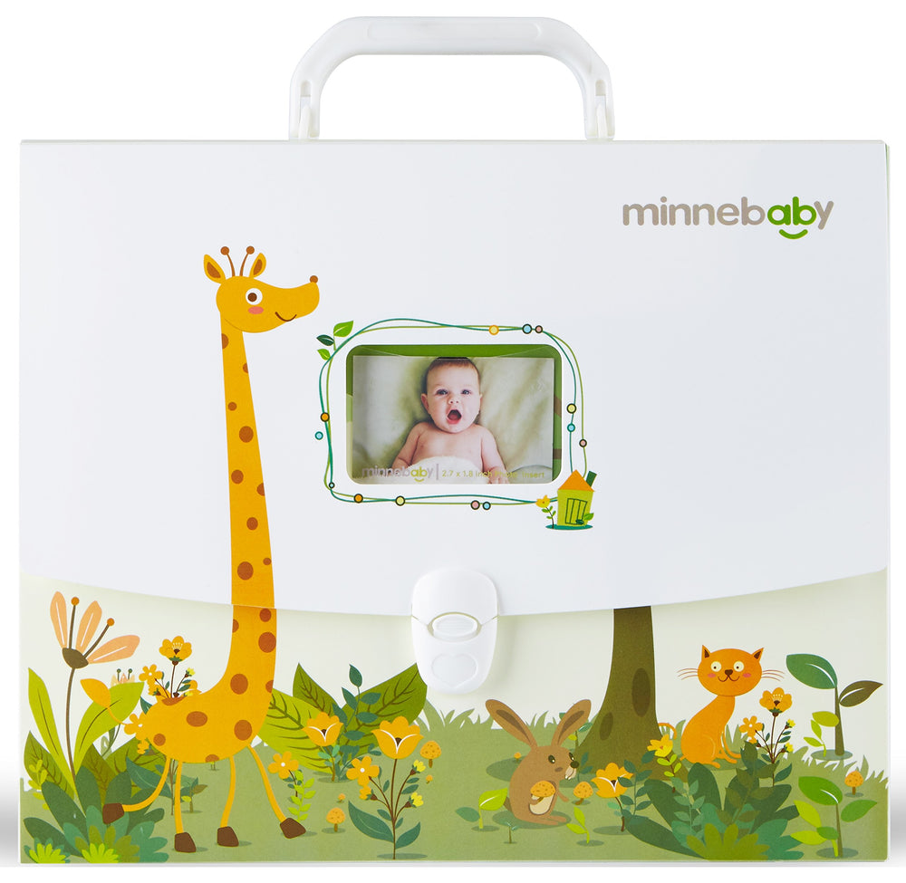 Minne baby document organizer front briefcase shows portable, sturdy design for travel-ready baby records.