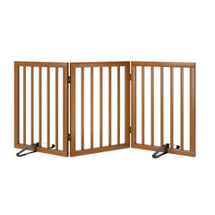 Mino Kesper freestanding pet gate in walnut bamboo blocks stair access with stylish stability.