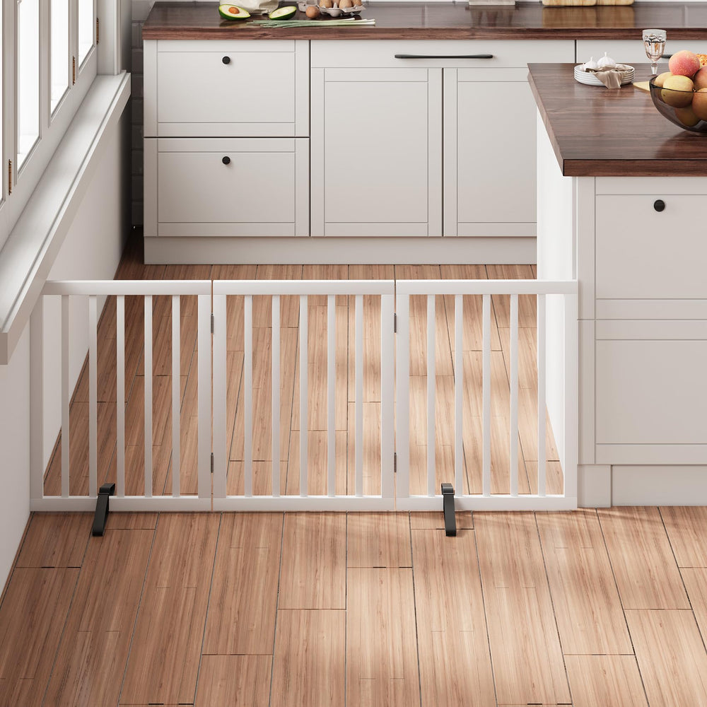 Mino Kesper white wide-pet-gate-assembly provides a sturdy doorway barrier for pets.