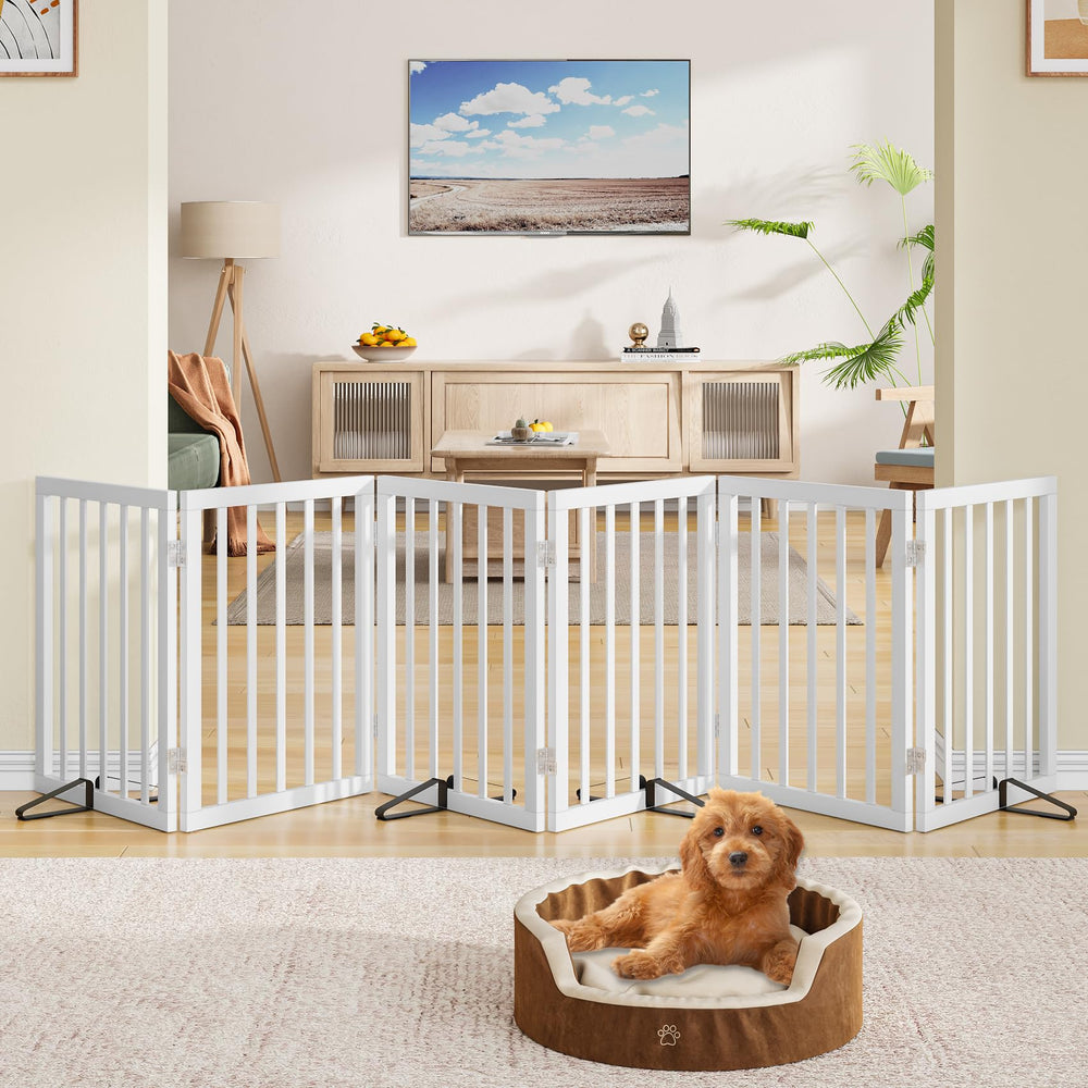 Mino Kesper wooden dog gate 6-panel folded for easy storage and space-saving setup.