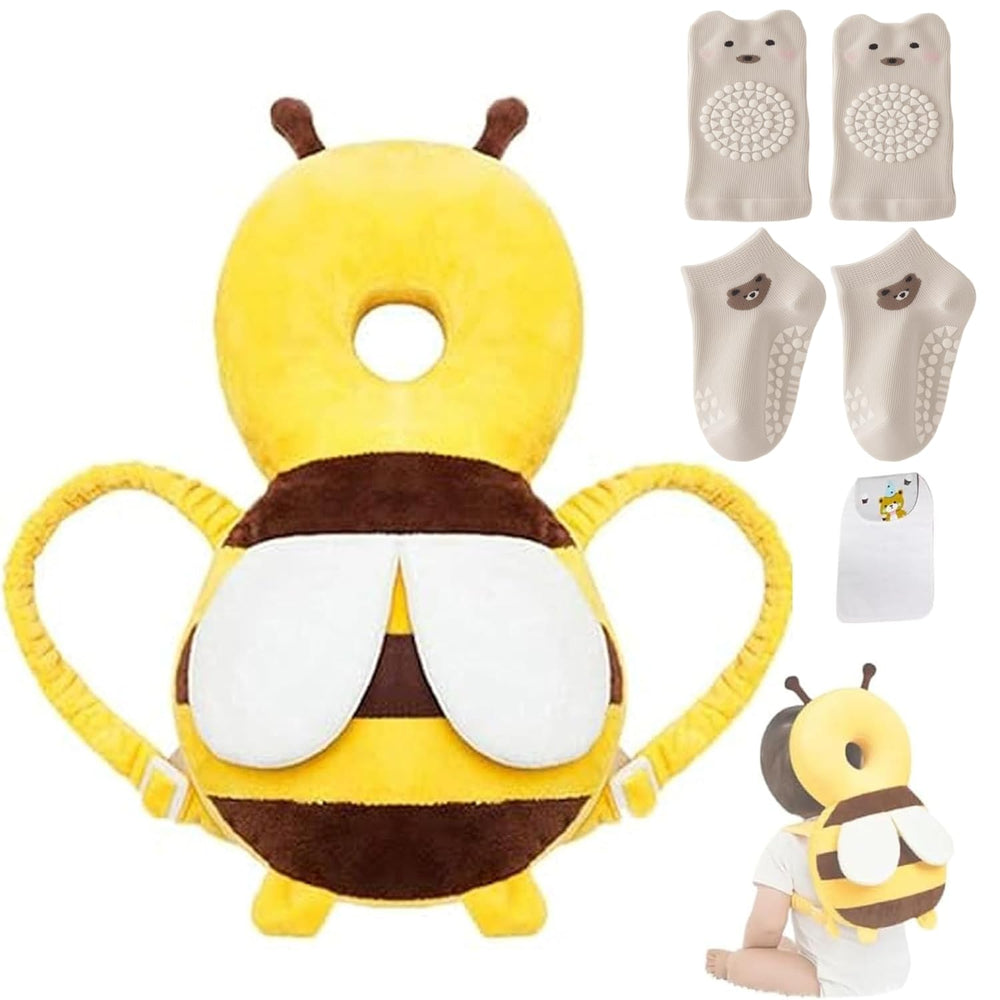 MINOCHI baby head protector backpack yellow bee front view supports safe walking.