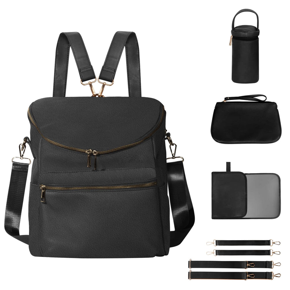 Minsong diaper bag backpack in black leather look, water-resistant exterior.