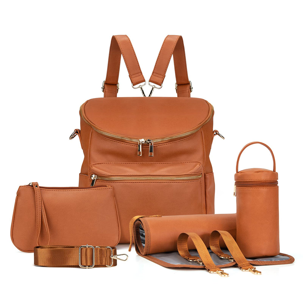 Minsong diaper bag backpack brown front view with quick-access pockets for essentials