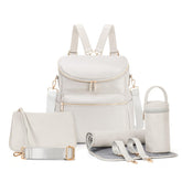 Minsong diaper bag backpack pearl white PU leather close-up shows easy wipe-clean spills.