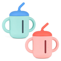 Mintlyfe baby trainer cup with anti-drop straw demonstrates spill-proof design for confident sipping.