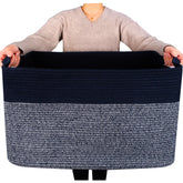 Mintwood Design 22in navy blanket basket front view with handles for easy organization