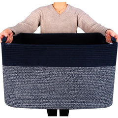 Mintwood Design 22in navy blanket basket front view with handles for easy organization